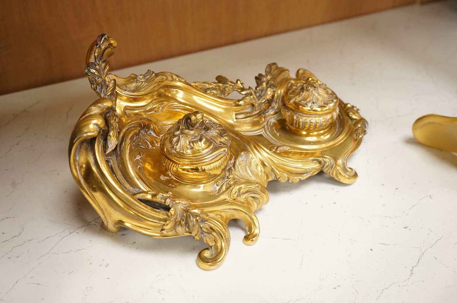 George Van de Voorde (Belgian, 1878-1970), an early 20th century rococo revival gilt bronze twin ink stand, 29cm wide